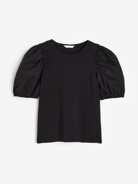 H&M Black Puff-Sleeve Crew Neck Top